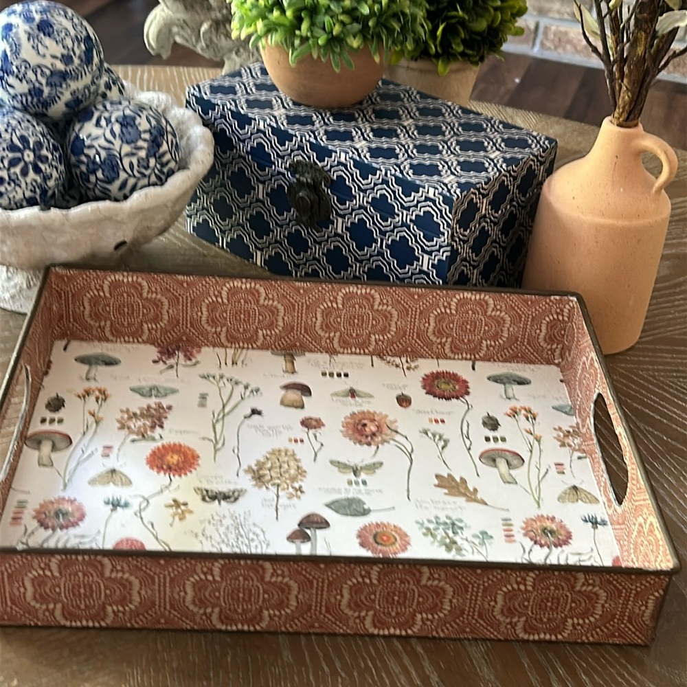 NEW! Fall Autumn Harvest Floral & Butterfly Bohemian Cottage Metal Serving Tray